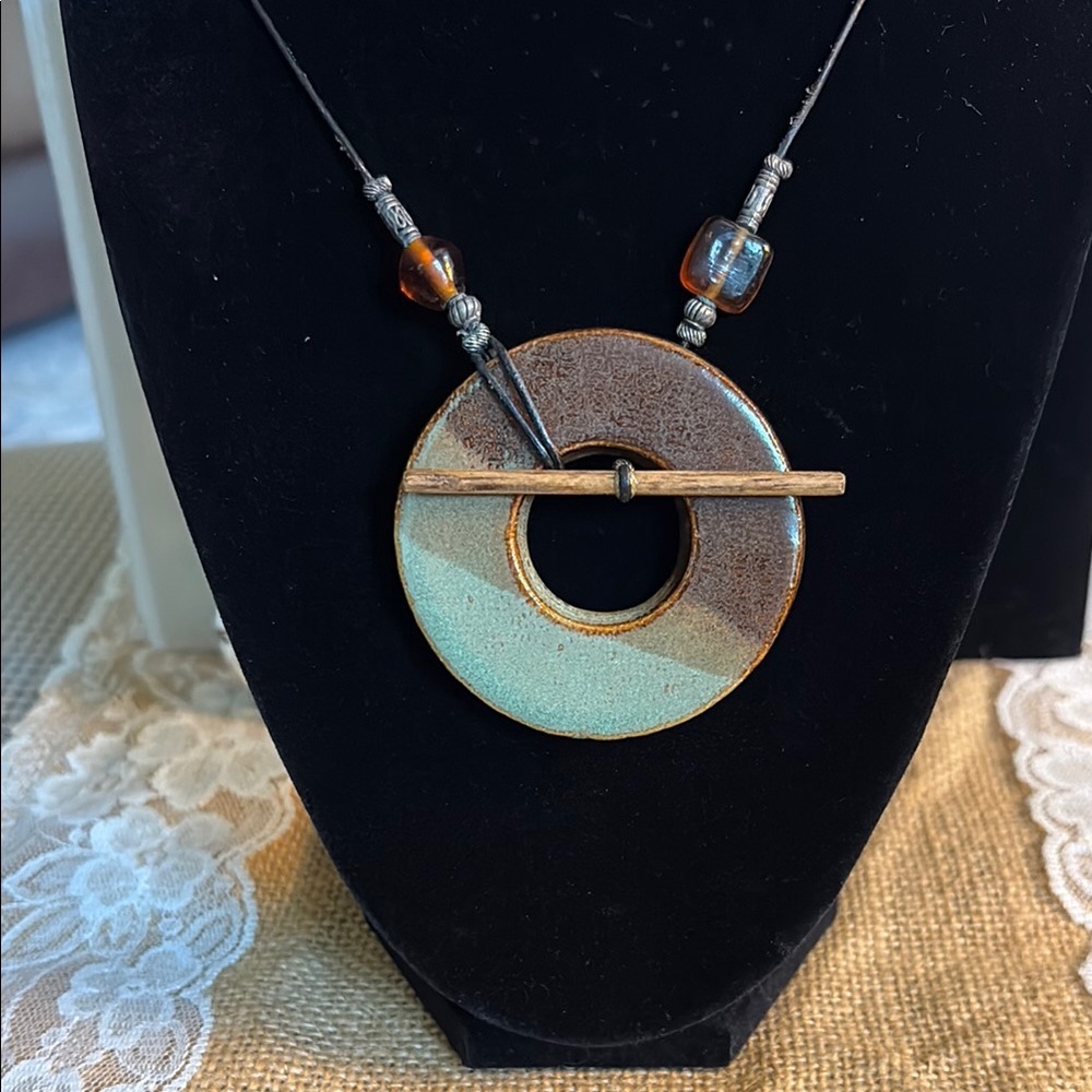 Handcrafted Pottery Brown and Blue Pendant Necklace - Picture 2 of 6